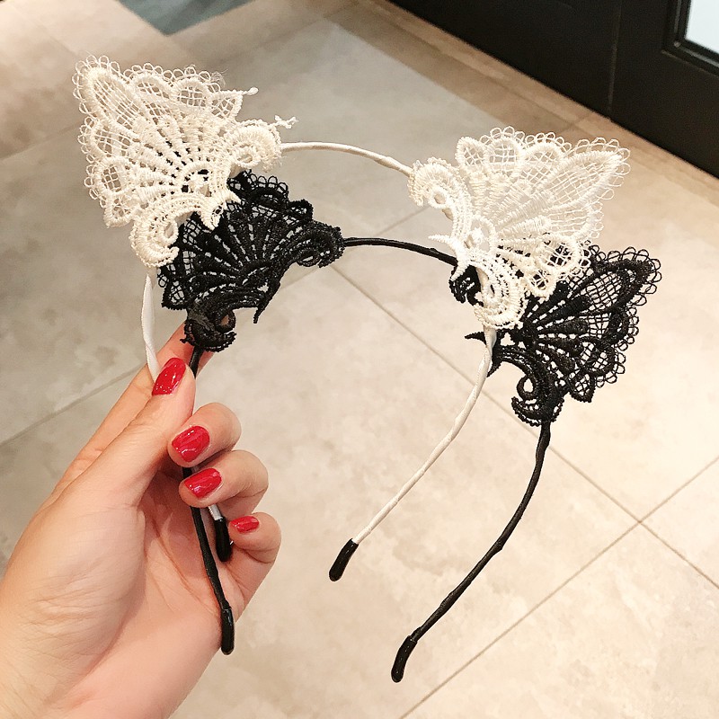 Băng Đô Cài Tóc Hình Tai Mèo Phối Ren Xinh Xắn Kiểu Hàn Quốc Cho Nữ