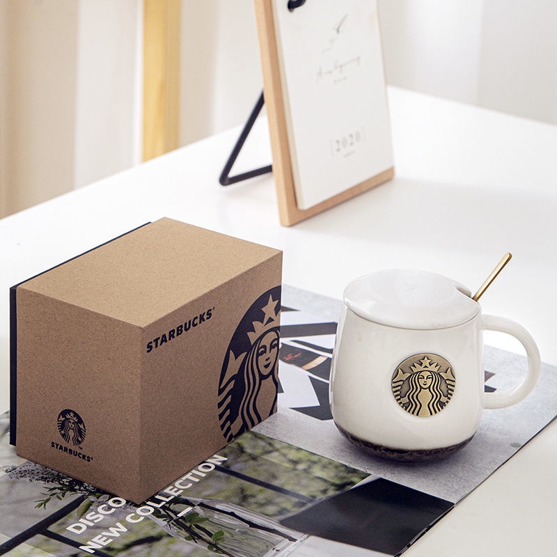 Ly uống cà phê cỡ lớn bằng gốm có nắp và muỗng in hình starbucks