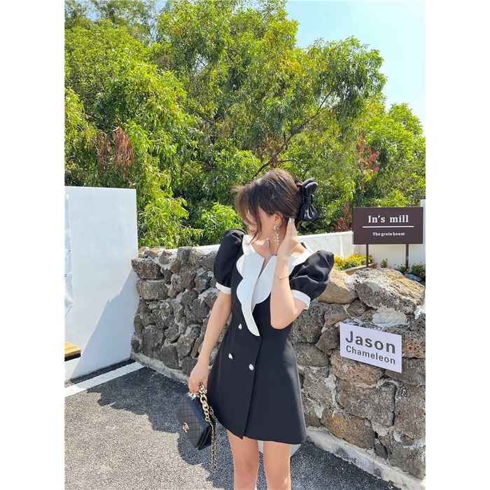 [Spot] Đầm Cổ Chữ V Tay Phồng Hai Hàng Nút Thời Trang Đơn Giản Phong Cách retro Hàn Quốc