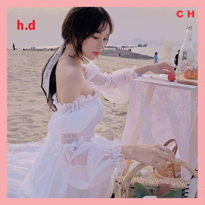 Đầm Trắng Công Chúa Tiểu Thư Tay voan Ulzzang 🏖Váy Chiffon NHÚN NGỰC Trễ Vai or Cổ Vuông | BigBuy360 - bigbuy360.vn