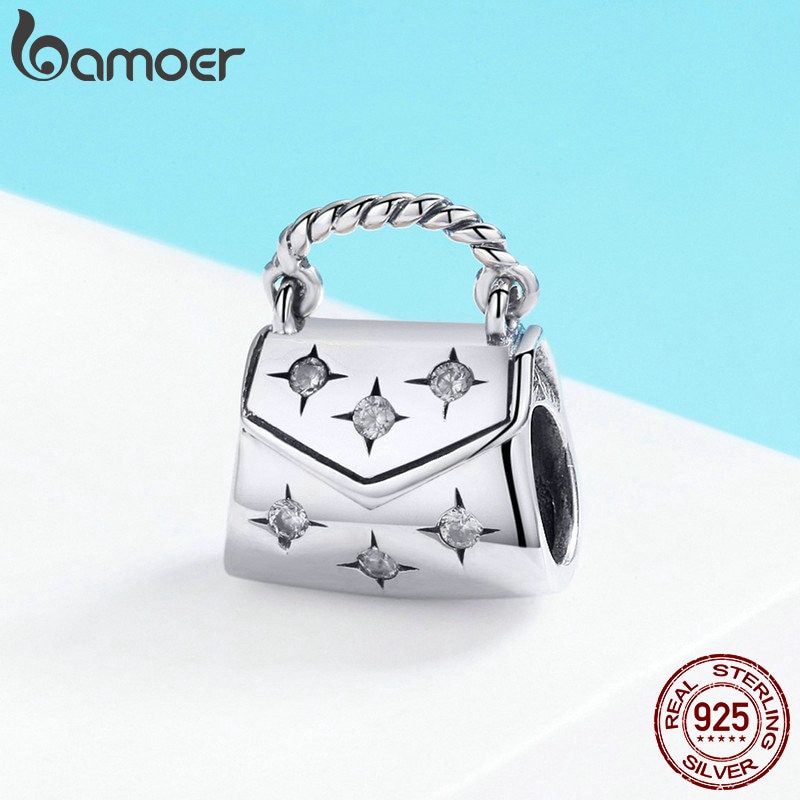 Hạt charm Bamoer hình túi xách bằng bạc 925 xinh xắn làm vòng tay dây chuyền dành cho nữ