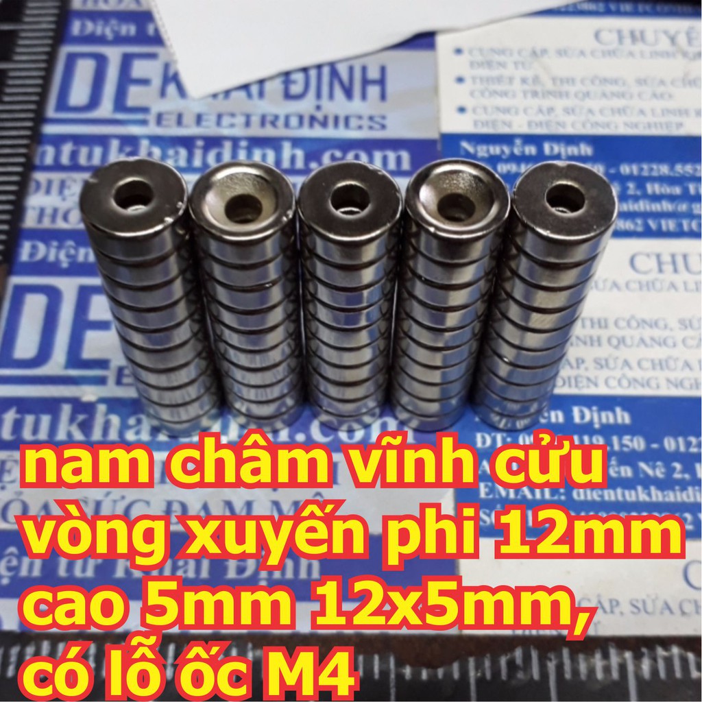 5 viên nam châm vĩnh cửu, nam châm đất hiếm tròn phi 12mm cao 5mm 12x5mm, có lỗ ốc M4 kde5707