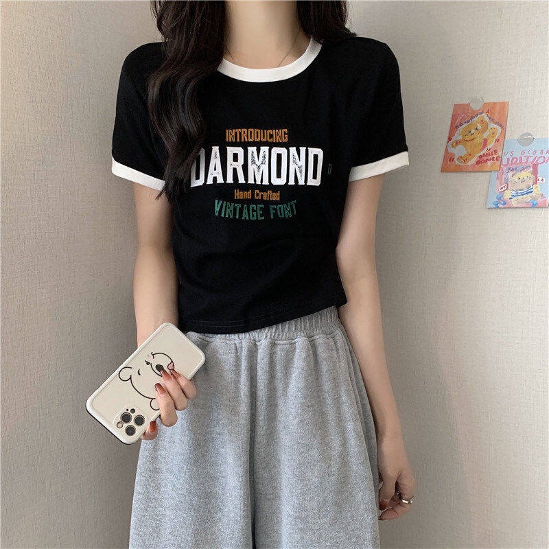 Áo thun IELGY dáng ôm ngắn tay màu trơn in chữ thời trang hè cho nữ