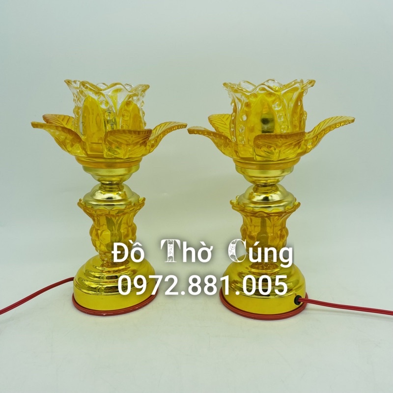 Đèn Thờ thủy tinh hoa sen cao 20 cm bóng led siêu tiết kiệm điện (1 Đôi)