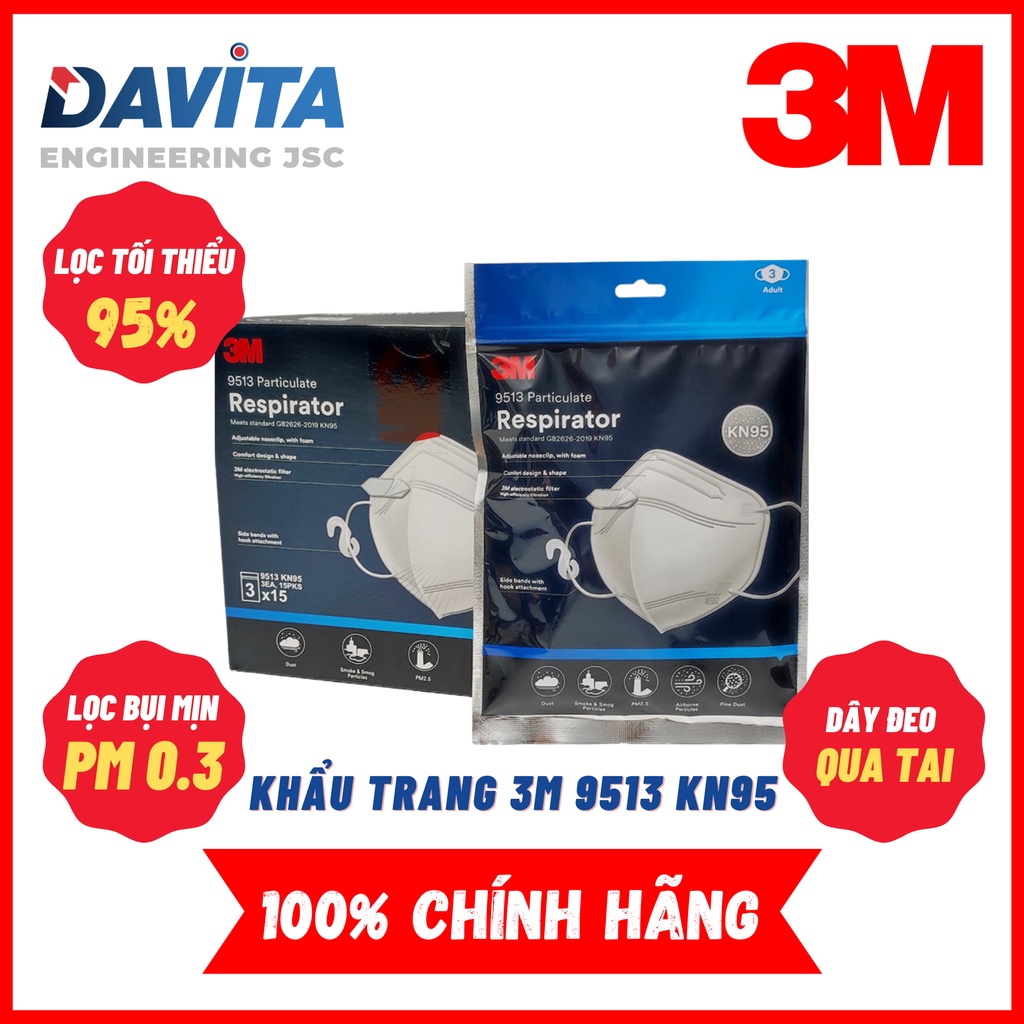 Khẩu trang 3M 9513 KN95, lọc tối thiểu 95%