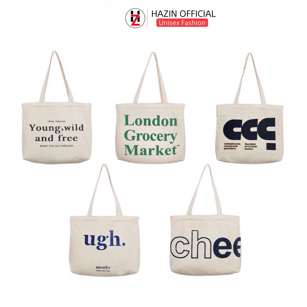 Túi tote quai xách Hazin vải canvas đeo vai sức chứa lớn hoạ tiết hoa văn phong cách Harajuku Hàn Quốc dành cho nữ