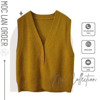 Áo gile len cổ V trơn phong cách vintage Hàn Quốc