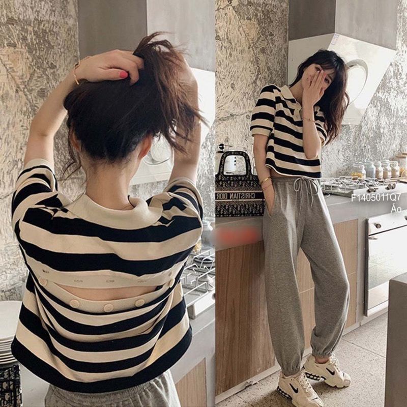 Áo len sọc ngang hở lưng gài nút hàng Quảng Châu 1405