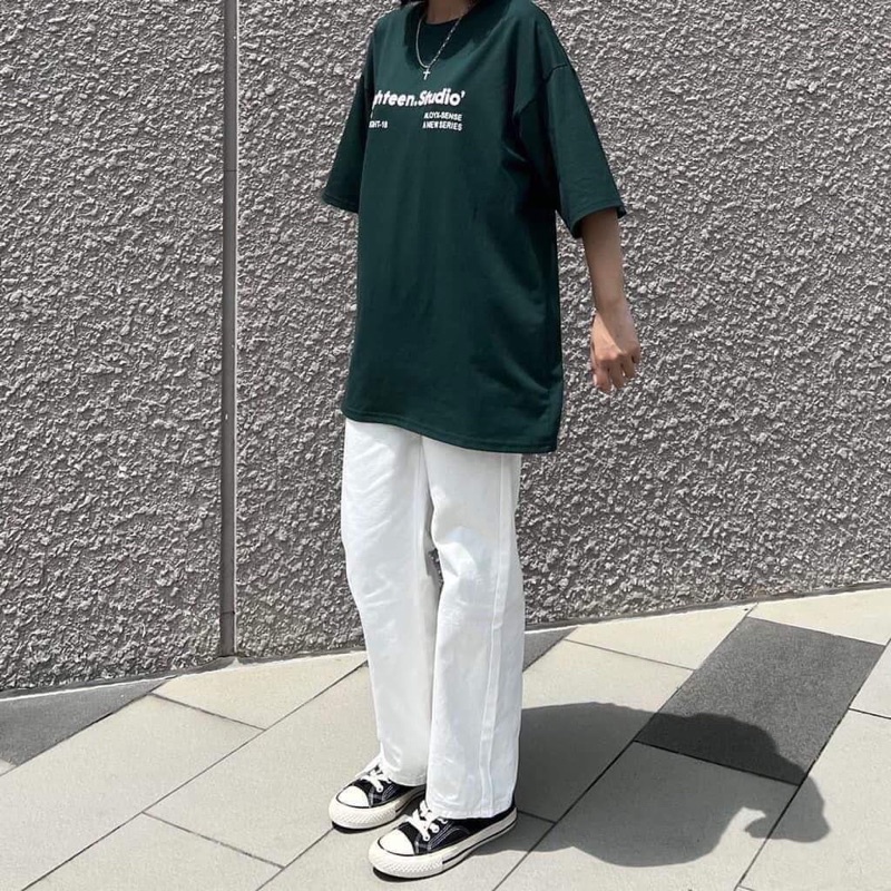 Set Quần Dài Trắng suông Áo Studio 3158 [FREESHIP🌸 Bộ đồ culottes trơn kèm thun form rộng tay lỡ in hình vintage Ulzzang