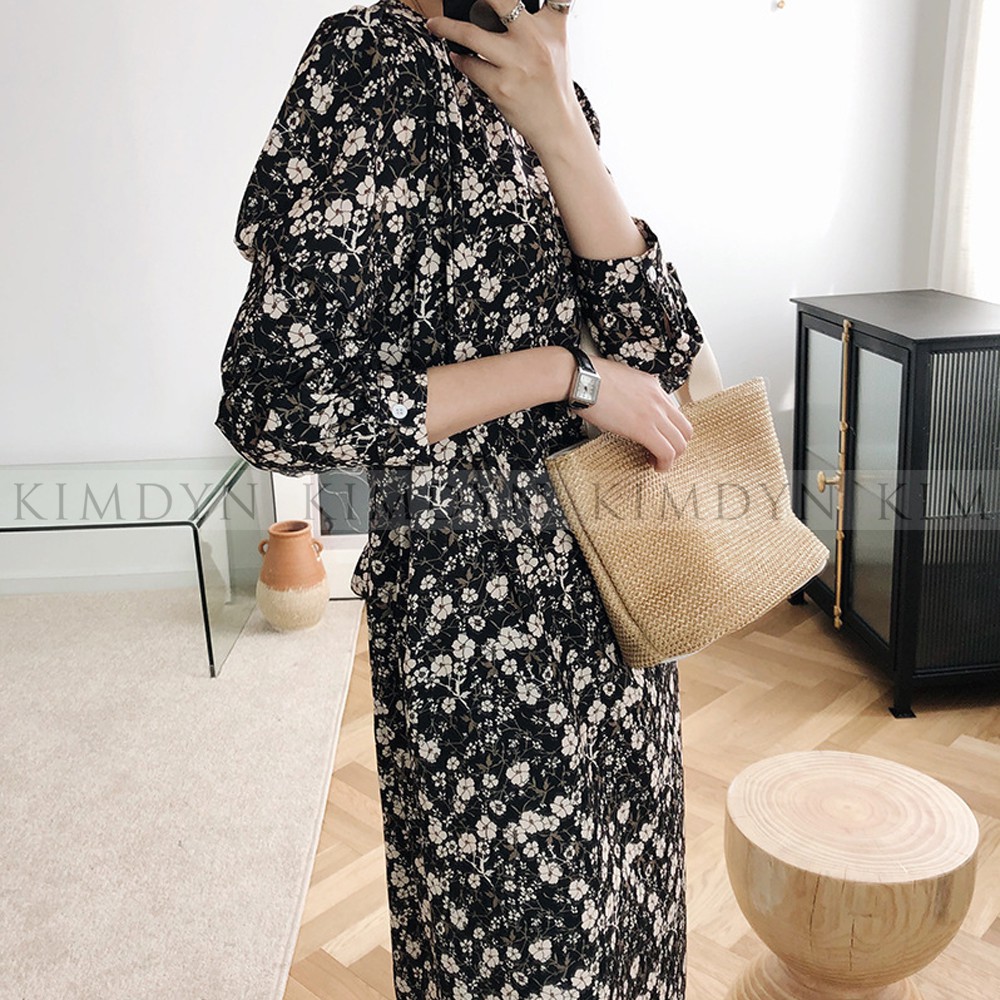 Váy hoa nhí đầm vintage dáng dài thắt eo KimDyn [KDD03] | BigBuy360 - bigbuy360.vn