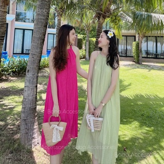 Đầm maxi cổ yếm hai lớp xanh bơ/ hồng cánh sen hottrend tôn dáng, tôn da đi biển, đi du lịch