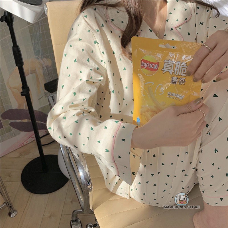 Bộ đồ ngủ dài tay in hình trái tim kiểu mới thời trang mùa thu dành cho nữ