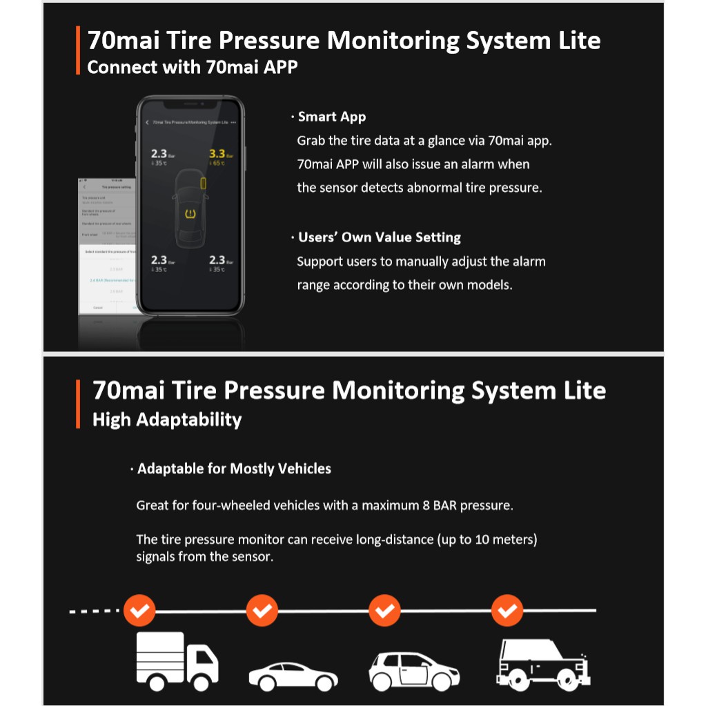 [QUỐC TẾ] Cảm biến áp suất lốp Xiaomi 70mai Lite - Thiết bị đo áp suất lốp và nhiệt độ Xiaomi 70mai