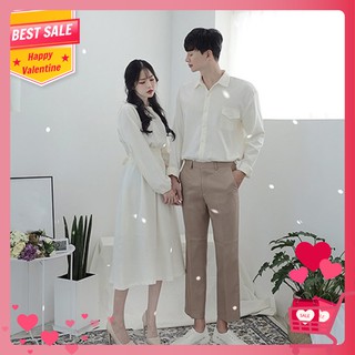 Set váy nữ sơ mi nam đôi ❤FREESHIP❤ màu trắng và vàng Hàn Quốc ÁO ĐÔI SASIN AV89
