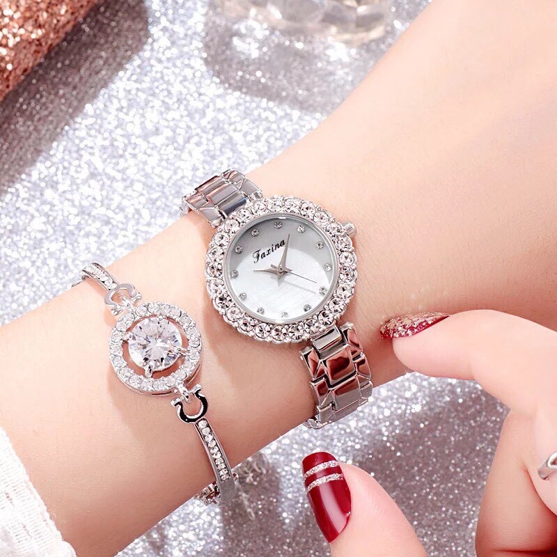 Đồng hồ thời trang nữ Fixina đính đá sang trọng kèm lắc tay cao cấp giá rẻ