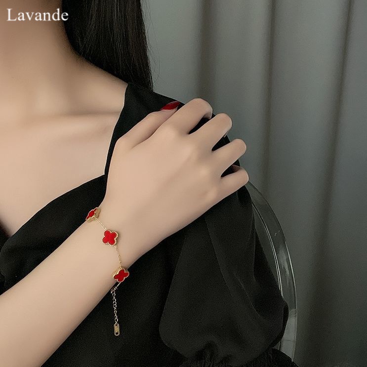 【LAVANDE】Hai Mặt Vòng Đeo Tay Thép Titan Hình Cỏ Bốn Lá Màu Vàng 18K Sang Trọng Không Phai Phong Cách Hàn Quốc Cho Nữ B1Z2GV
