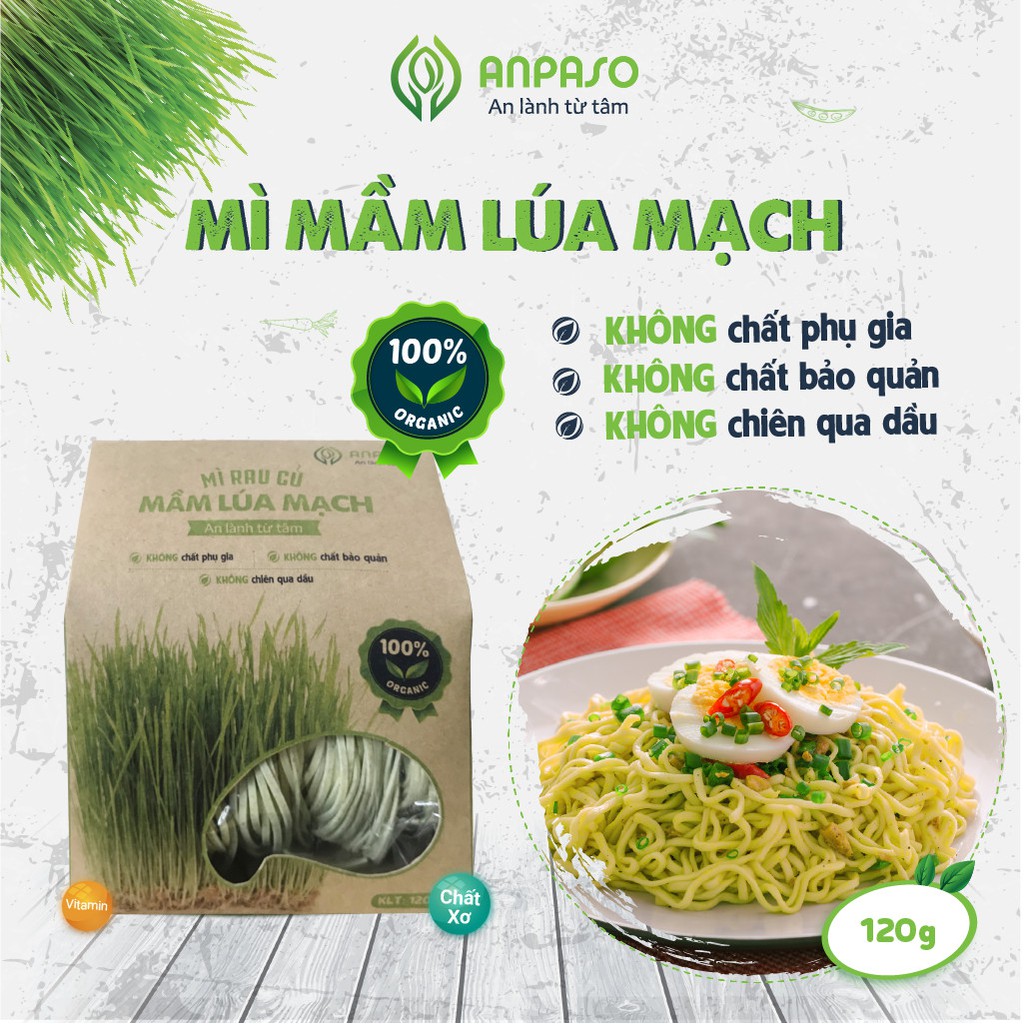 Mì Rau Organic Mầm Lúa Mạch Hữu Cơ Anpaso, Eat clean, Giảm Cân, ăn chay, ăn kiêng, không chiên nóng 120g