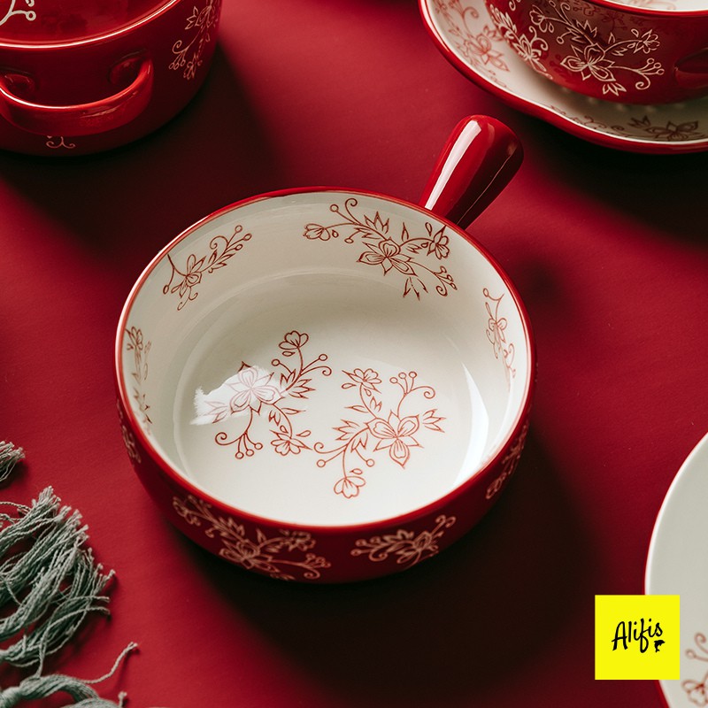 Bát đĩa, bát đĩa decor hoa trắng nền đỏ - phụ kiện bàn ăn – bán lẻ theo món