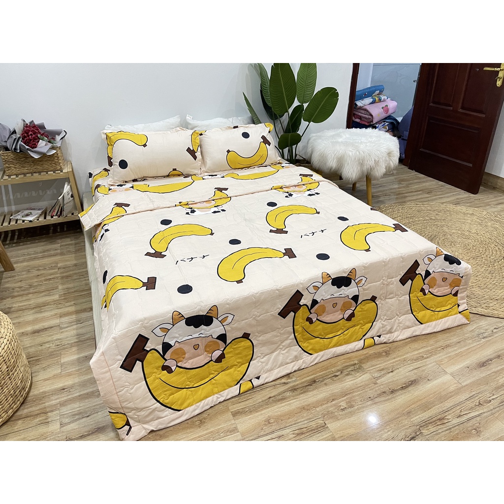 Set ga gối chăn hè chần bông 5 món Cotton EMMIBedding, mẫu bò chuối mền cotton họa tiết đáng yêu