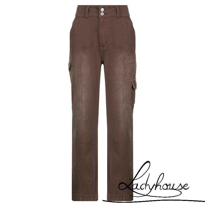 Quần Jean Ống Rộng Lưng Cao Màu Trơn Có Túi Size S/M/L Dành Cho Nữ