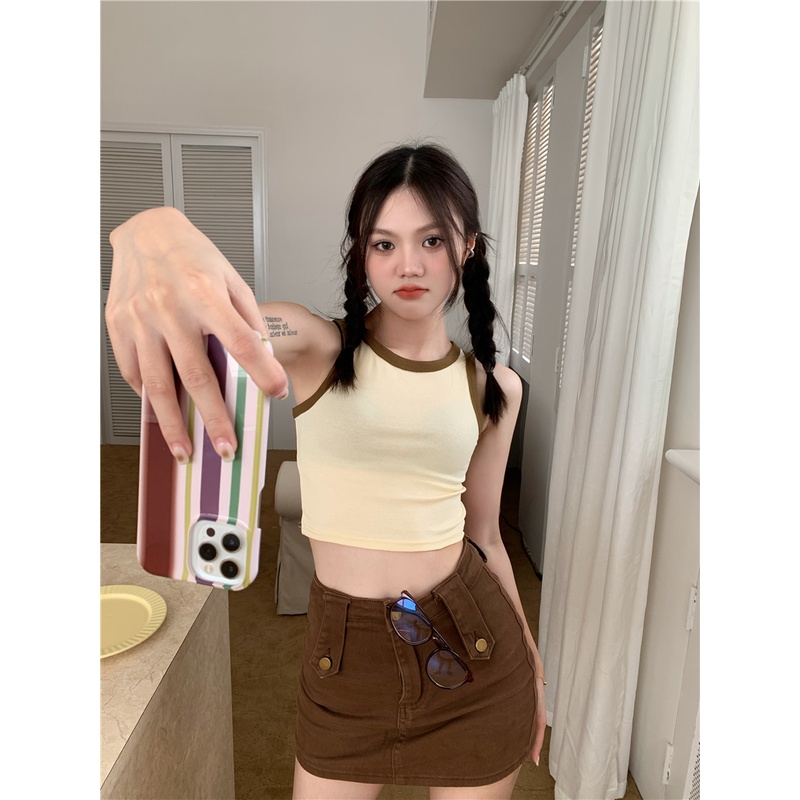 Áo Không Tay Phối Màu Tương Phản Phong Cách retro Mỹ