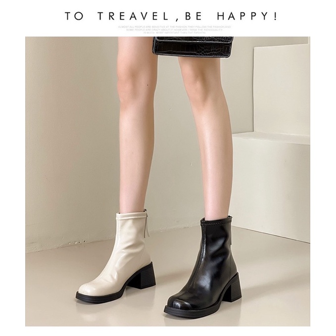 Boots nữ cổ ngắn da mềm ôm chân gót vuông cao 5cm có khoá kéo