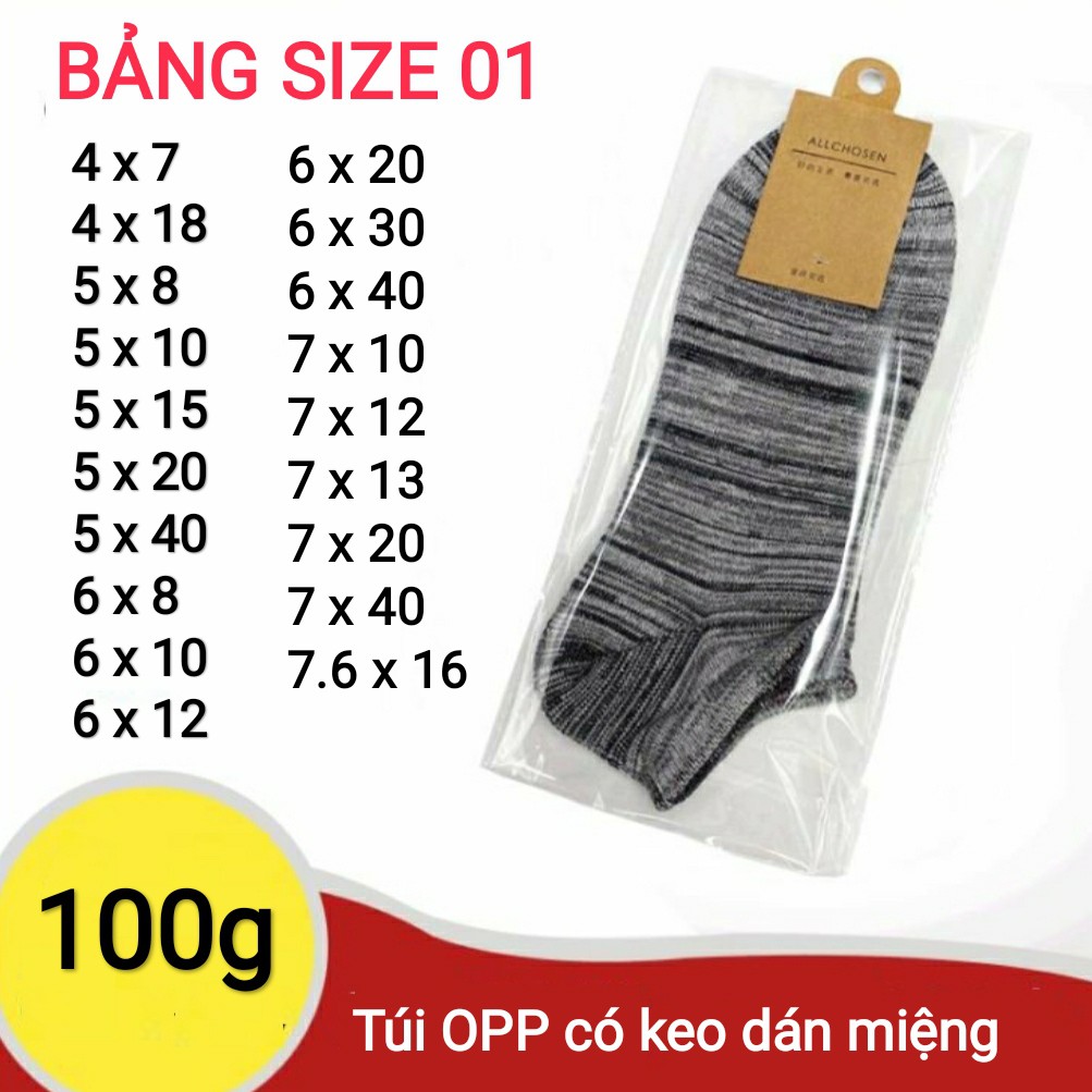[BẢNG SIZE 01] 100g Túi bóng kiếng OPP trong có keo dán SIZE NHỎ