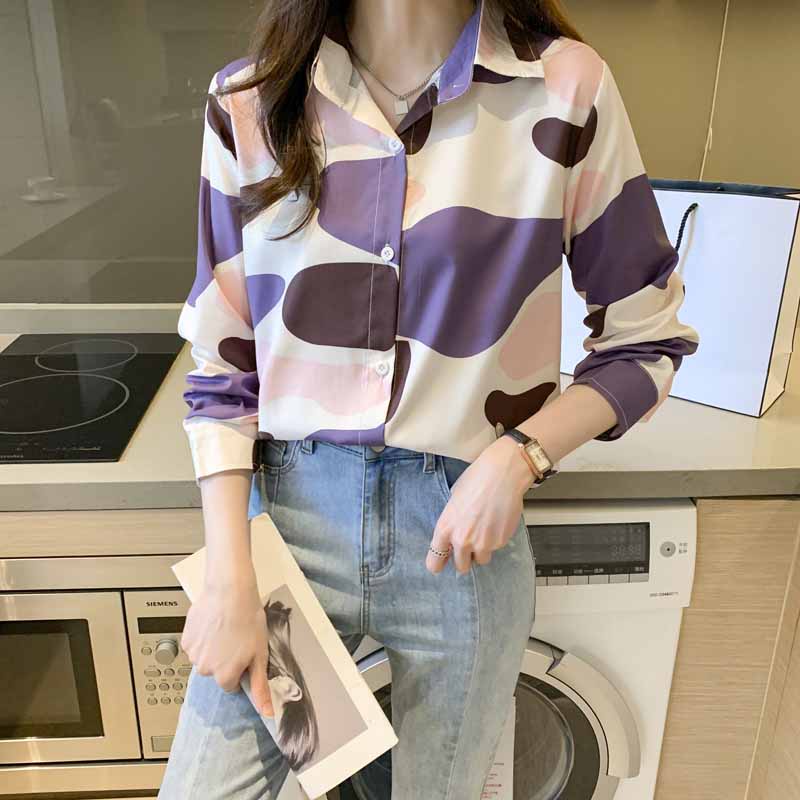 Áo Sơ Mi chiffon Tay Dài In Họa Tiết Phong Cách retro Hàn Quốc Mới Cho Nữ