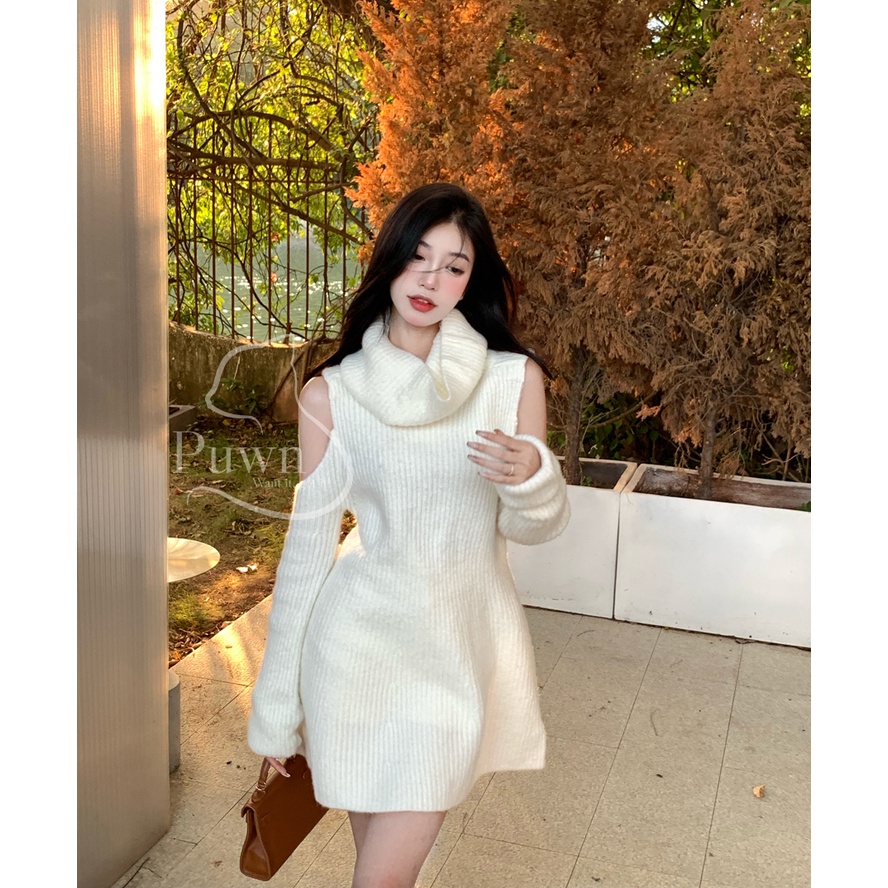 Váy len trắng cao cổ khoét vai trắng Giáng sinh Noel ấm áp Puwn Shop