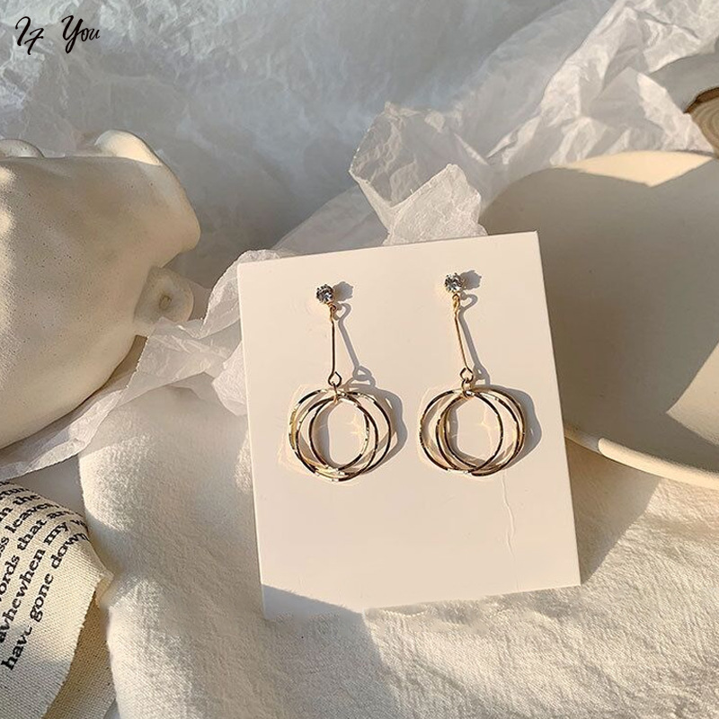 Khuyên tai AY dáng dài kiểu tròn đính đá nhân tạo thời trang Hàn Quốc thanh lịch đơn giản làm quà tặng cho nữ