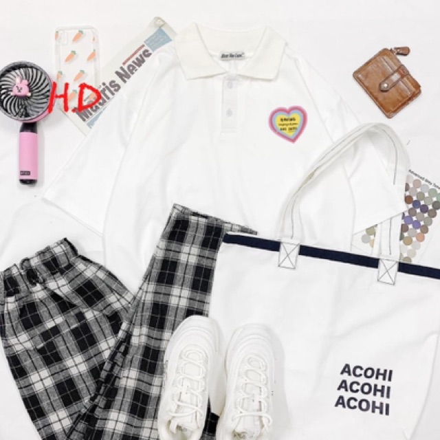 Sét áo polo tim và quần kẻ đen HĐ12 , áo thun nam nữ, áo kiểu nữ, áo nam, sét bộ mặc ở nhà, chất đẹp MODY