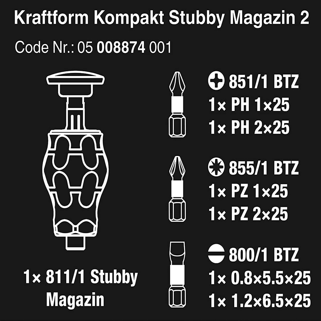 Dụng cụ mở vít Wera 05008874001 Kraftform Kompakt Stubby magazine 2 gồm 6 cái, dẹp, Pz và 4 cạnh