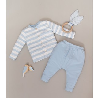 Bộ Quần Áo Sơ Sinh Nous Cài Thẳng NB Kẻ Xanh To (Size Sơ Sinh Newborn NB)