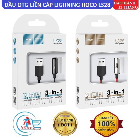 Cáp OTG Chia 1 Ra 2 Lighning Hoco LS28 Iphone/Ipad 3 in 1 Chính Hãng - Có Đèn Led