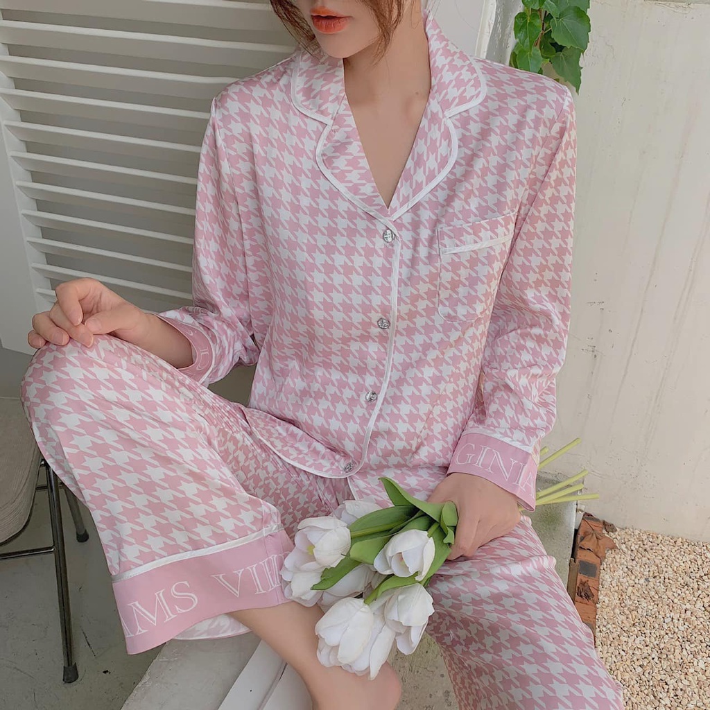 Đồ bộ pyjama dài tay thu đông mặc nhà nữ họa tiết ziczac cao cấp đồ ngủ lụa satin cao cấp (tặng kèm nơ buộc tóc ) | BigBuy360 - bigbuy360.vn