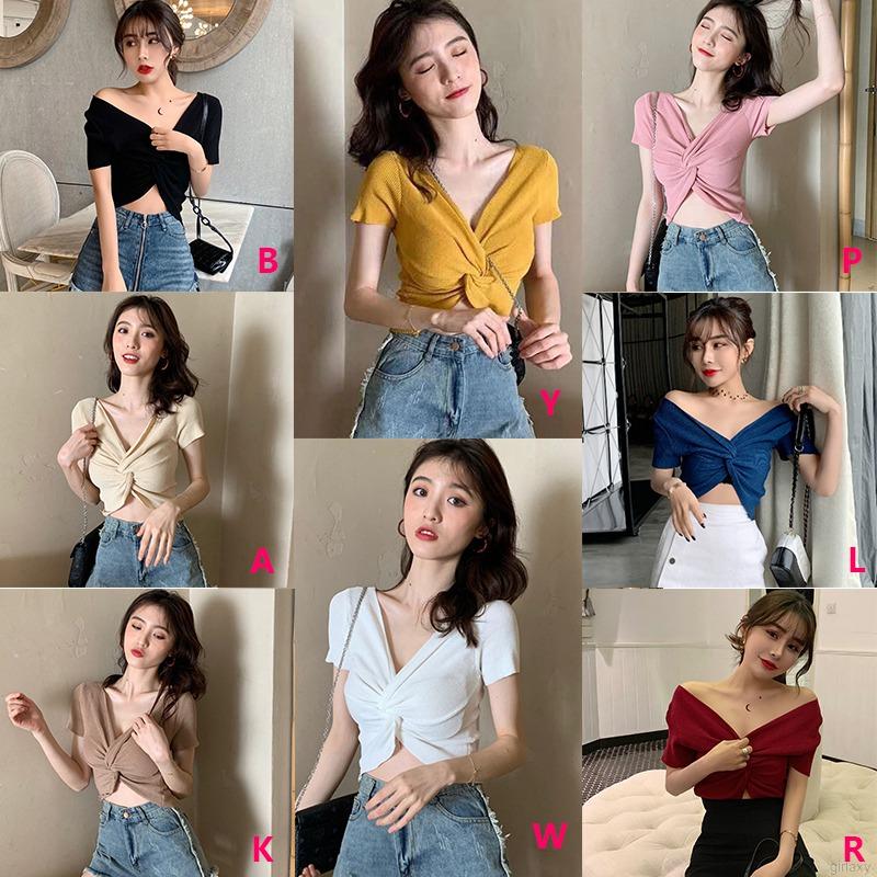 Áo Croptop Dệt Kim Tay Ngắn Cổ Chữ V Màu Trơn Phong Cách Hàn Quốc