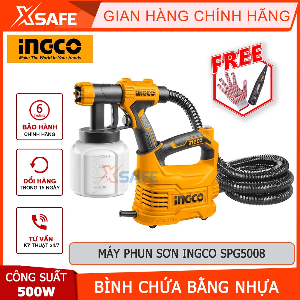 Máy phun sơn INGCO SPG5008 Kèm 1 tay cầm phụ và 1 bộ than Súng phun sơn cầm tay công suất 500W lưu lượng tối đa 850ml/ph