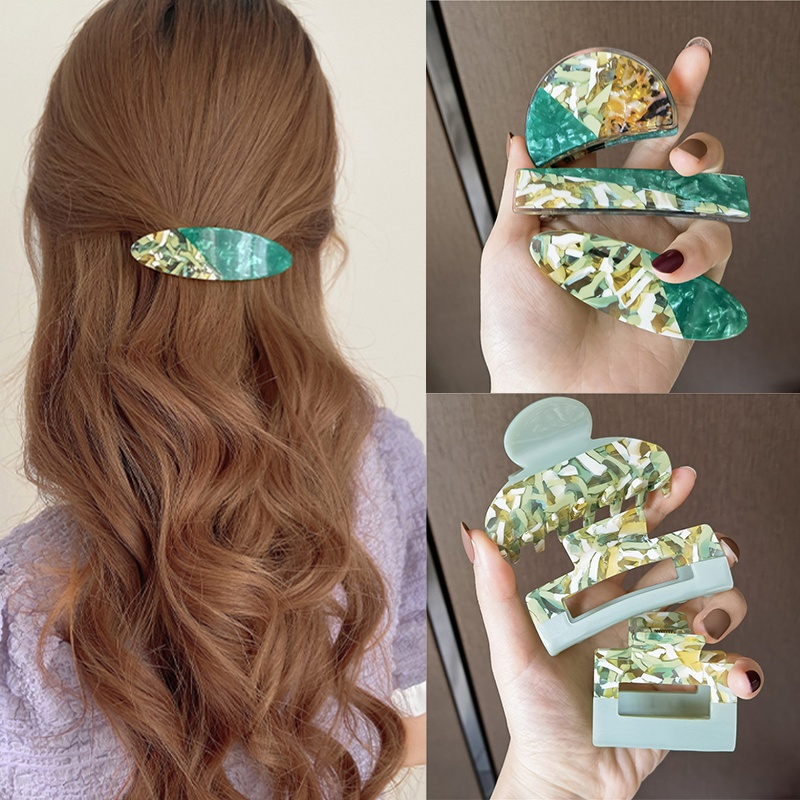 Kẹp Tóc Cá Mập Màu Xanh Lá Cây Ô Liu Tươi Mới Phong Cách retro Hàn Quốc