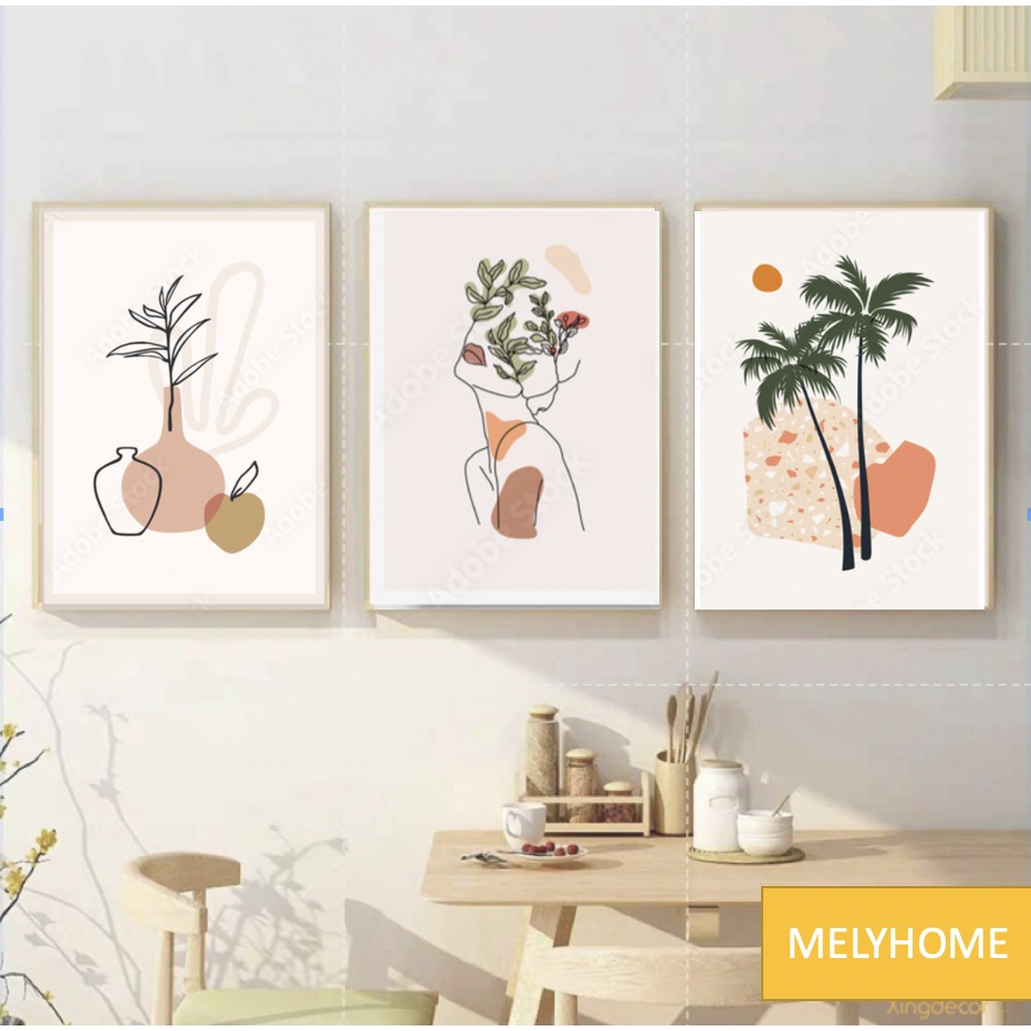 12 bộ tranh treo tường, tranh canvas, phong cách tối giản Boho- Minimalism tone cam trắng trừu tượng, tặng đinh 3 chân t