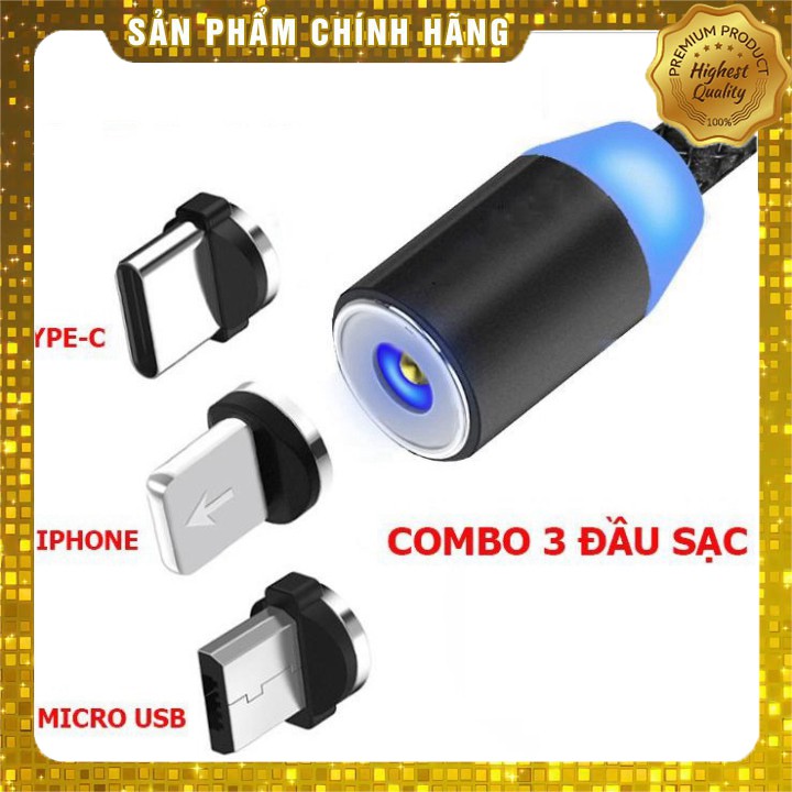 Bộ Dây sạc nam châm 3 đầu Android , Type và iPhone 360 độ dây dù, có đèn báo
