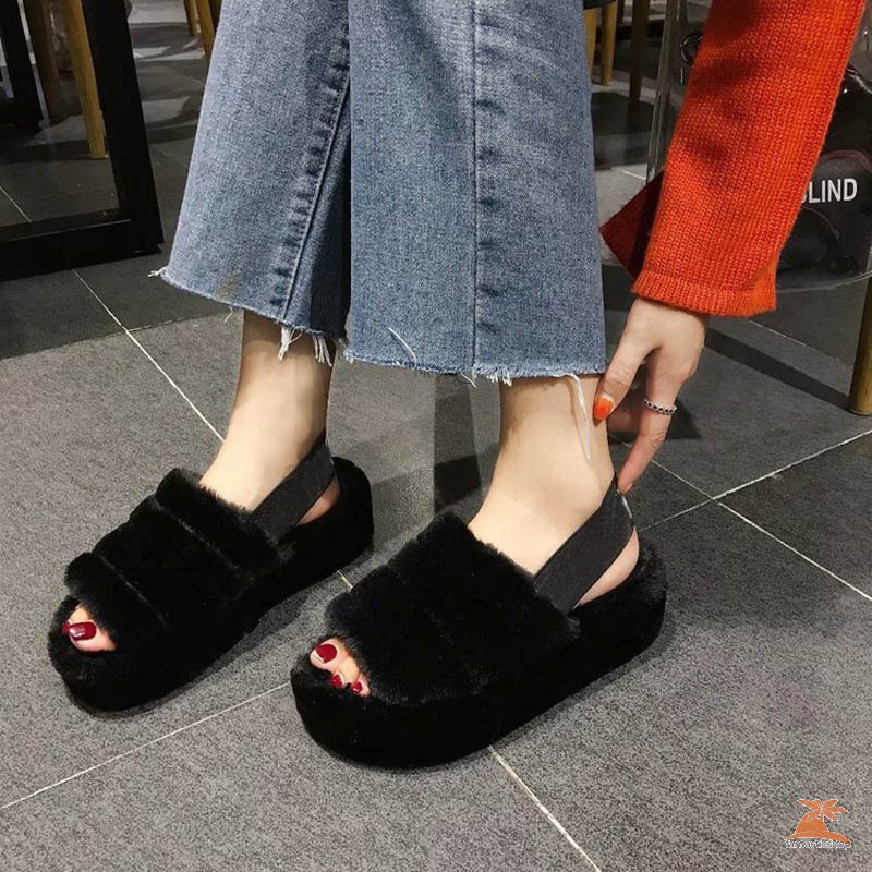 #dep Lê# Fluffy Slippers Plush Shoes Non-slip Sandals Home Indoor Plus Size Open Toe Summer Shoes