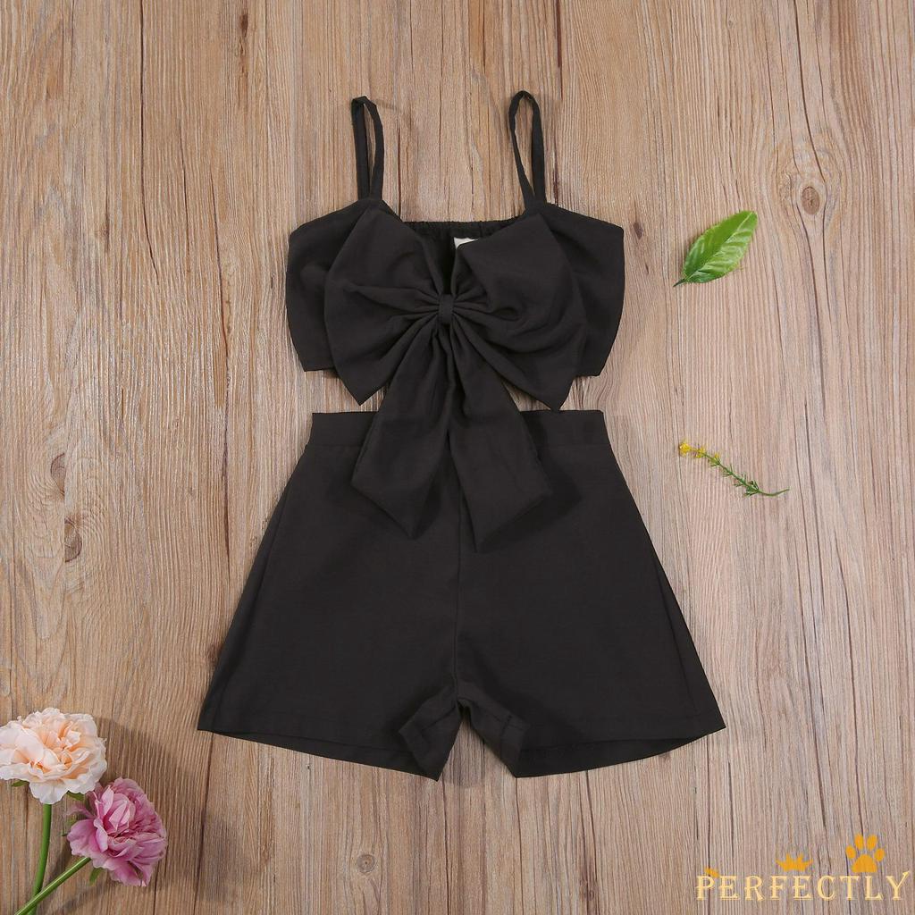 Set Áo Sát Nách Phối Nơ + Quần Short Lưng Thun Cho Bé Gái Tập Đi, Thời Trang Mùa Hè