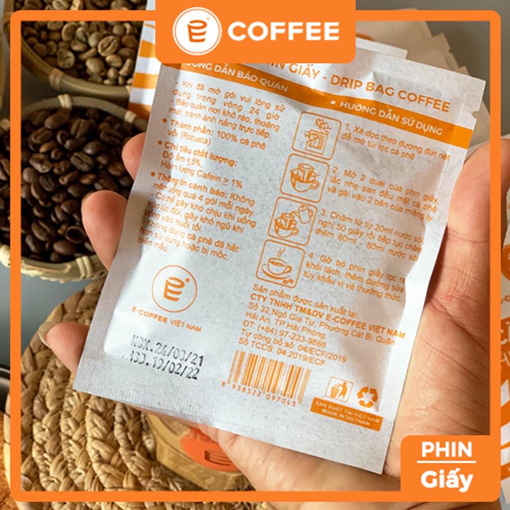 Cà phê phin giấy E COFFEE (drip bag coffee) sử dụng cafe robusta honey premium với hương thơm hậu vị ngọt kéo dài.