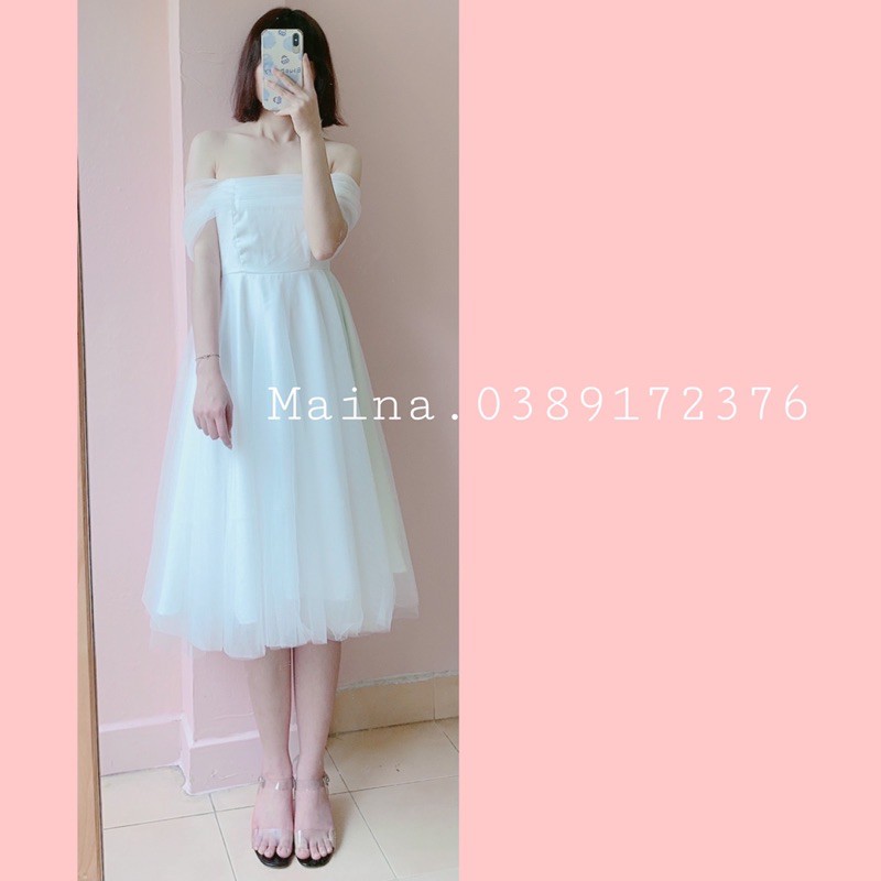 Đầm/váy công chúa midi trắng dự tiệc hàng chuẩn loại 1, bốn lớp bồng bềnh có ảnh thật Maina