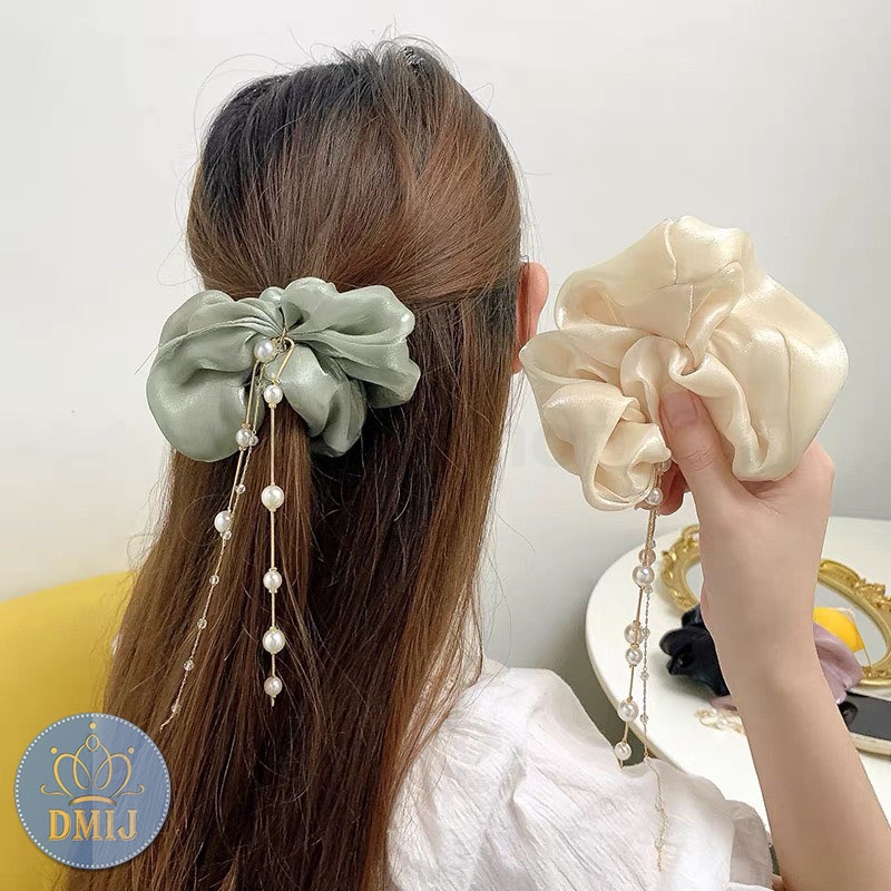 [Mã FAMARAL2 giảm 10K đơn 50K]Cột tóc vải scrunchies đính dây ngọc hàn quốc dây buộc tóc scrunchies nhiều màu