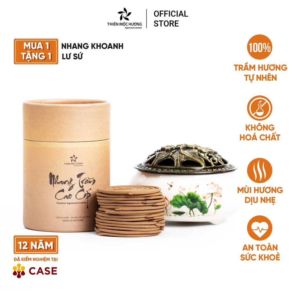 Nhang khoanh trầm hương tặng kèm 1 lư, hương trầm xông thơm nhà, đón tài lộc THIÊN MỘC HƯƠNG hộp 40 khoanh