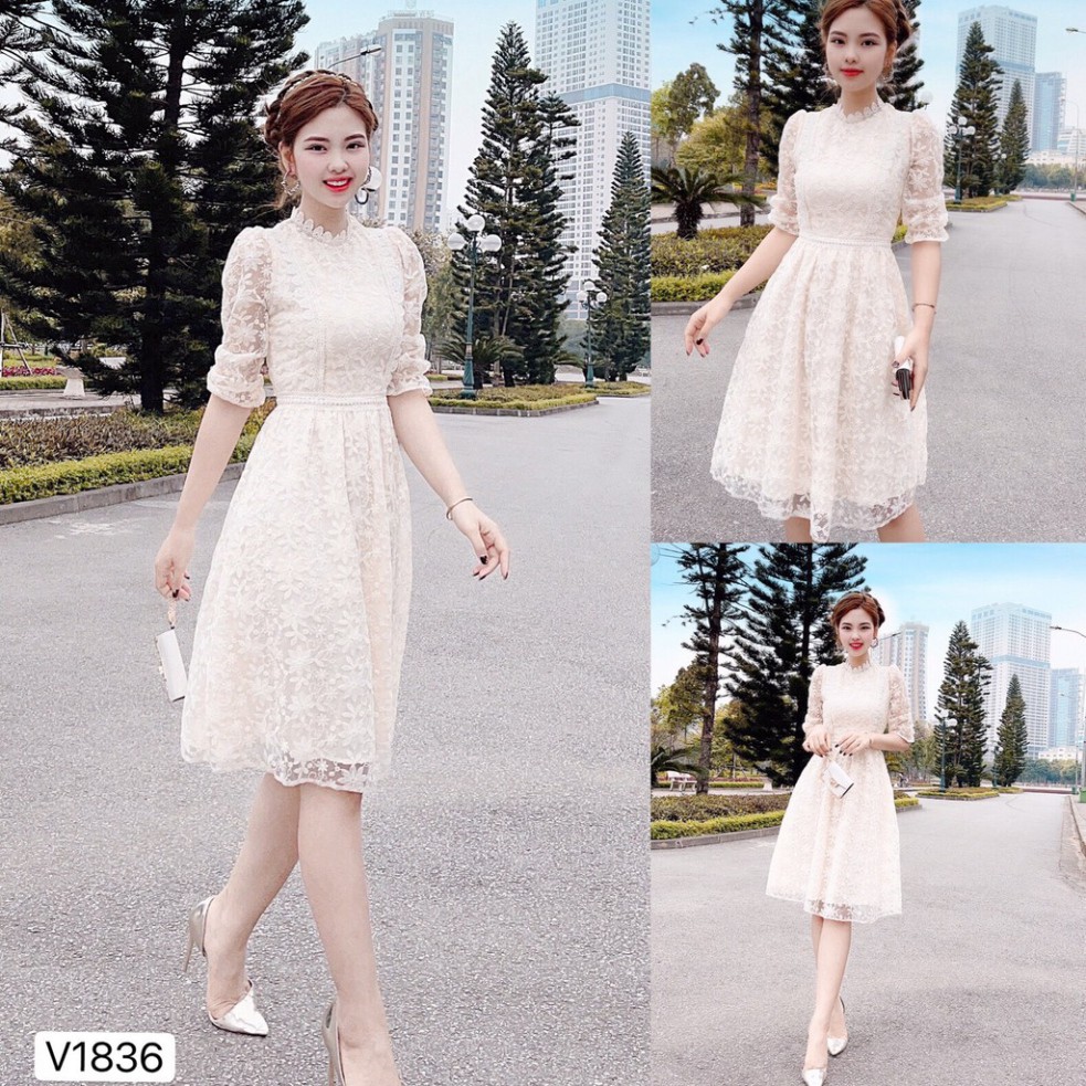 Váy xòe tay ren cổ tròn tiểu thư V1836