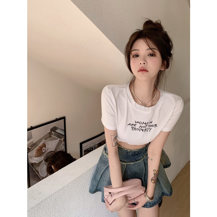 QKOOLE  Áo Thun Croptop Tay Ngắn Màu Trắng Phong Cách Hàn Quốc Cho Nữ