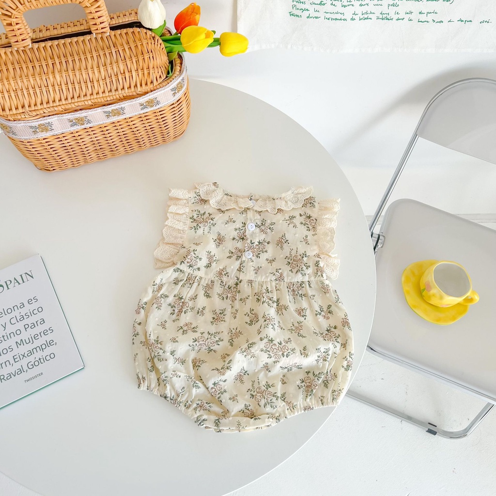 Bộ Áo Liền Quần Bằng Cotton Phối Ren Hoa Dễ Thương Dành Cho Bé Gái