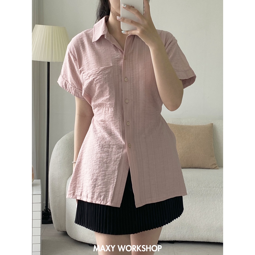 Áo sơ mi tay ngắn cách điệu bên eo Button Sleeve Shirt Pink Maxy Workshop